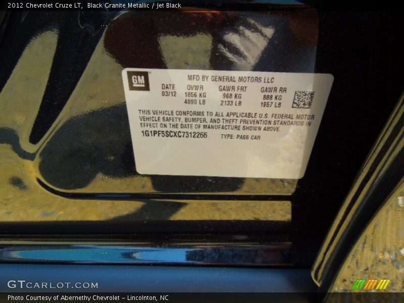 Black Granite Metallic / Jet Black 2012 Chevrolet Cruze LT