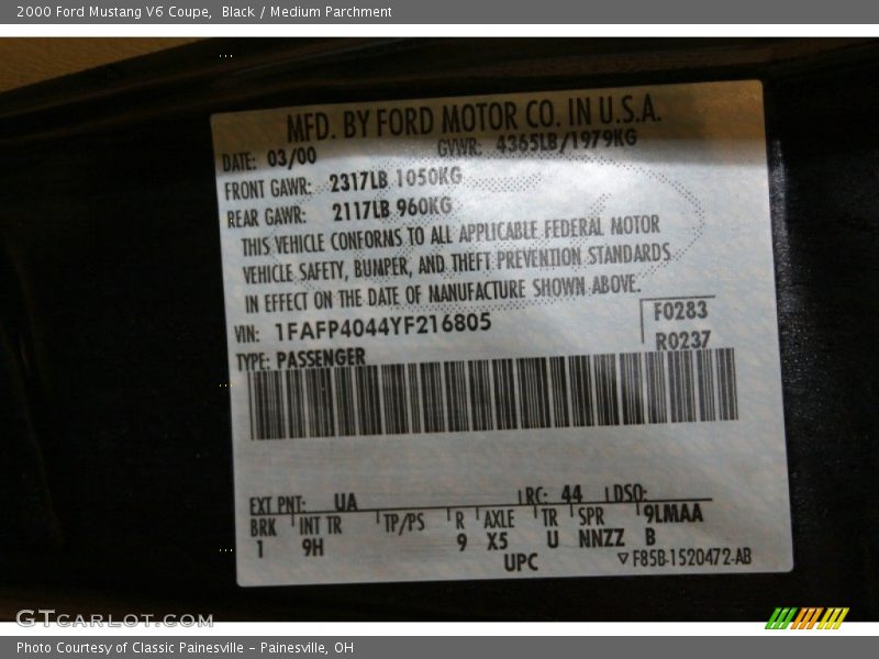 2000 Mustang V6 Coupe Black Color Code UA