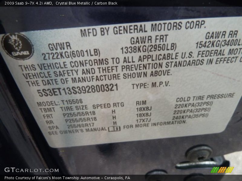 Crystal Blue Metallic / Carbon Black 2009 Saab 9-7X 4.2i AWD