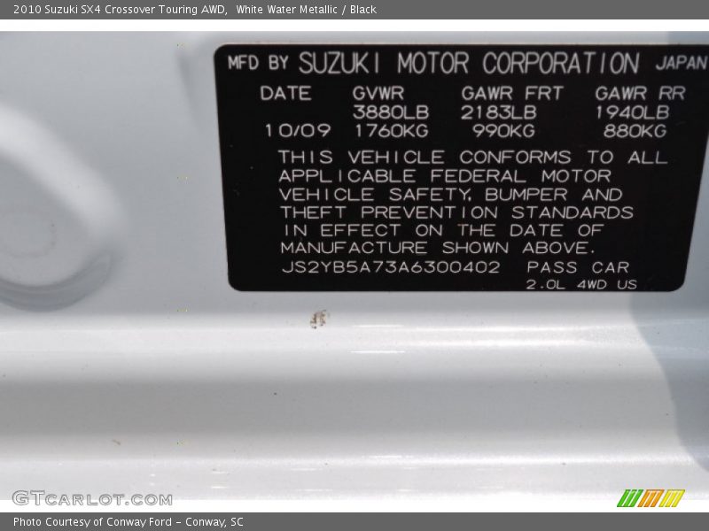 White Water Metallic / Black 2010 Suzuki SX4 Crossover Touring AWD