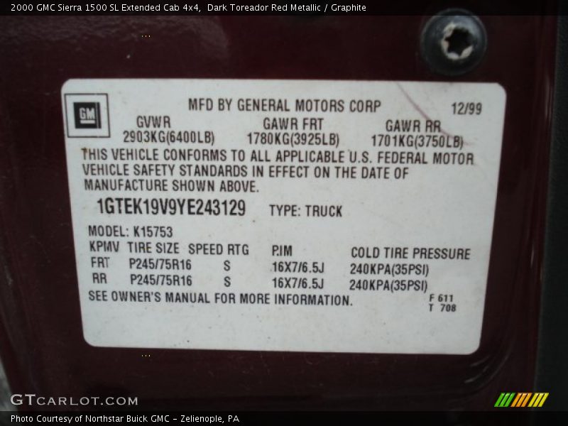 Dark Toreador Red Metallic / Graphite 2000 GMC Sierra 1500 SL Extended Cab 4x4