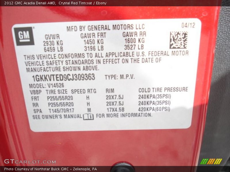 Crystal Red Tintcoat / Ebony 2012 GMC Acadia Denali AWD