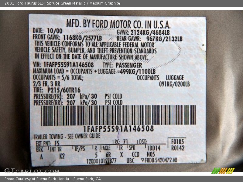 2001 Taurus SES Spruce Green Metallic Color Code FS