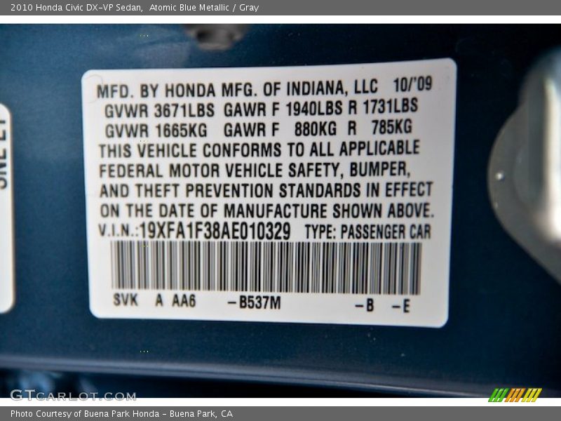2010 Civic DX-VP Sedan Atomic Blue Metallic Color Code B537M