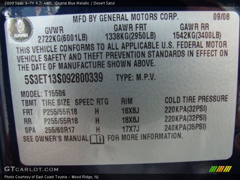 Crystal Blue Metallic / Desert Sand 2009 Saab 9-7X 4.2i AWD