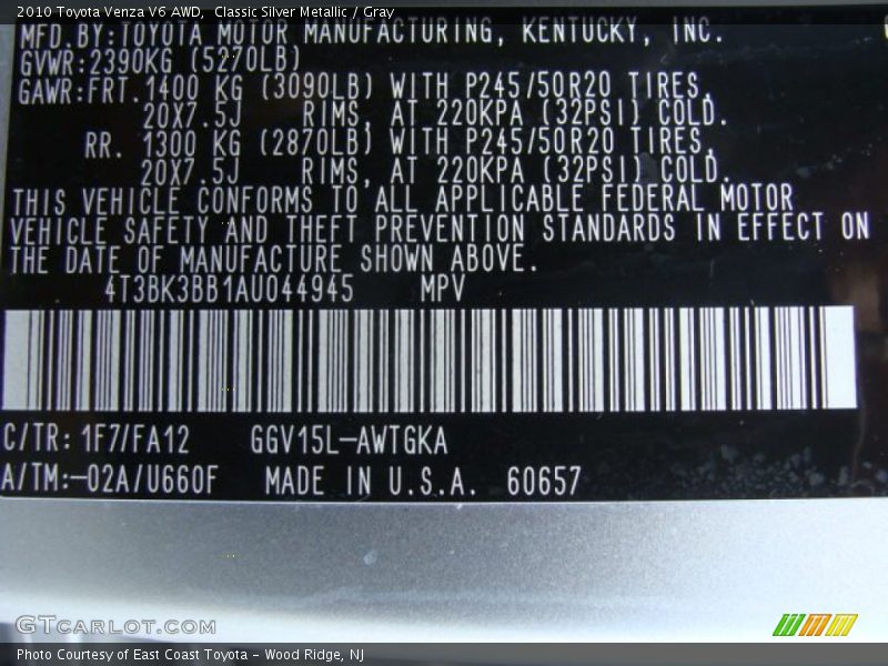 Classic Silver Metallic / Gray 2010 Toyota Venza V6 AWD