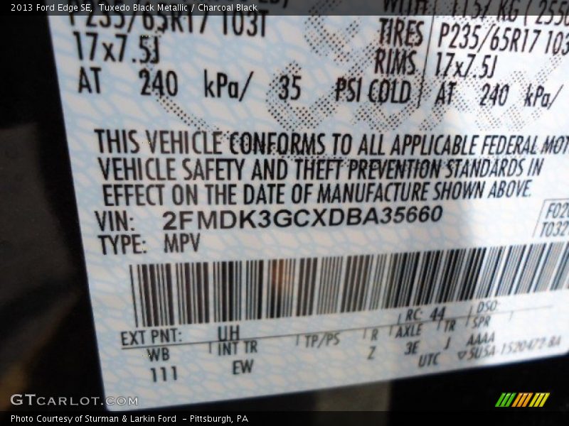 2013 Edge SE Tuxedo Black Metallic Color Code UH