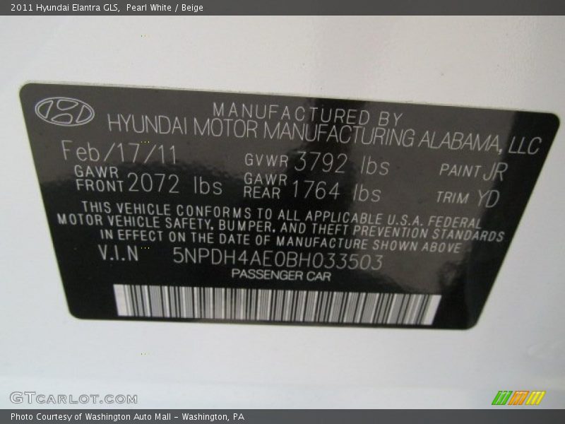 Pearl White / Beige 2011 Hyundai Elantra GLS