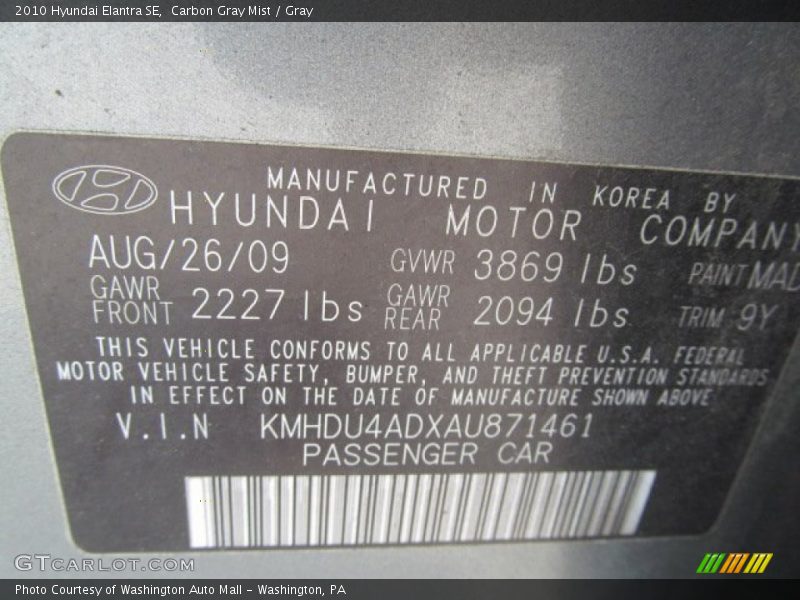 Carbon Gray Mist / Gray 2010 Hyundai Elantra SE