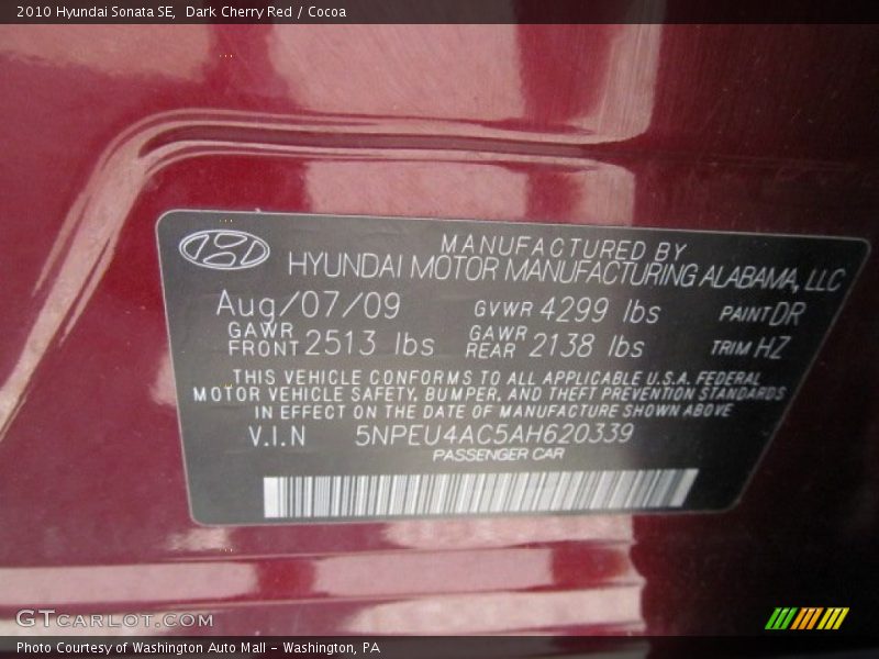 Dark Cherry Red / Cocoa 2010 Hyundai Sonata SE