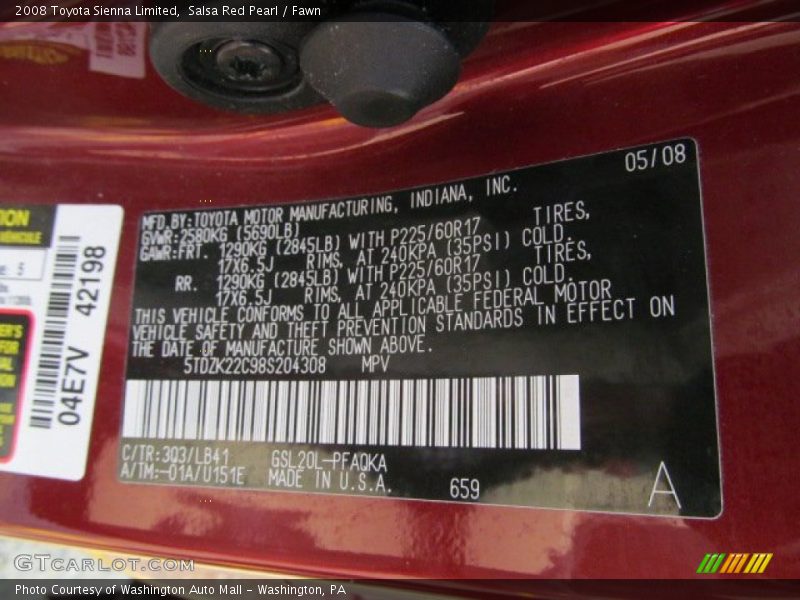 2008 Sienna Limited Salsa Red Pearl Color Code 3Q3