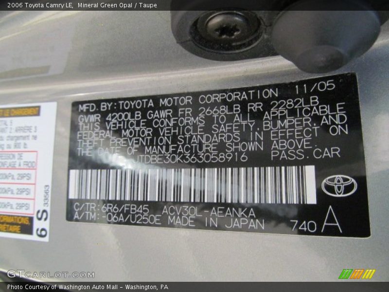 Mineral Green Opal / Taupe 2006 Toyota Camry LE