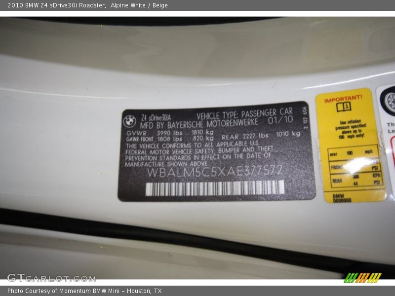 Alpine White / Beige 2010 BMW Z4 sDrive30i Roadster