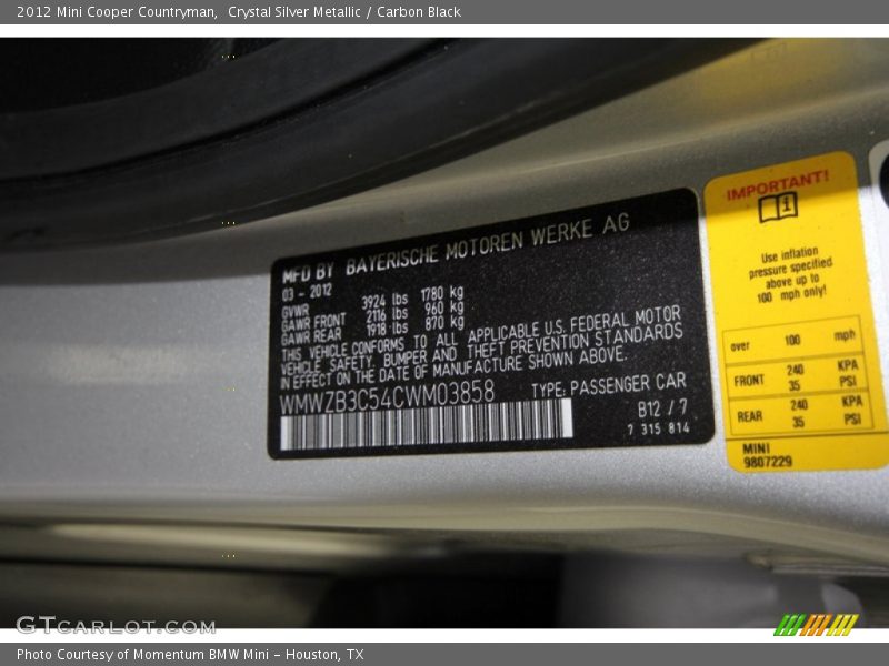 Crystal Silver Metallic / Carbon Black 2012 Mini Cooper Countryman