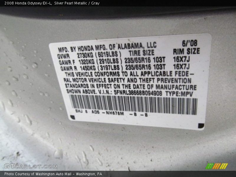 Silver Pearl Metallic / Gray 2008 Honda Odyssey EX-L