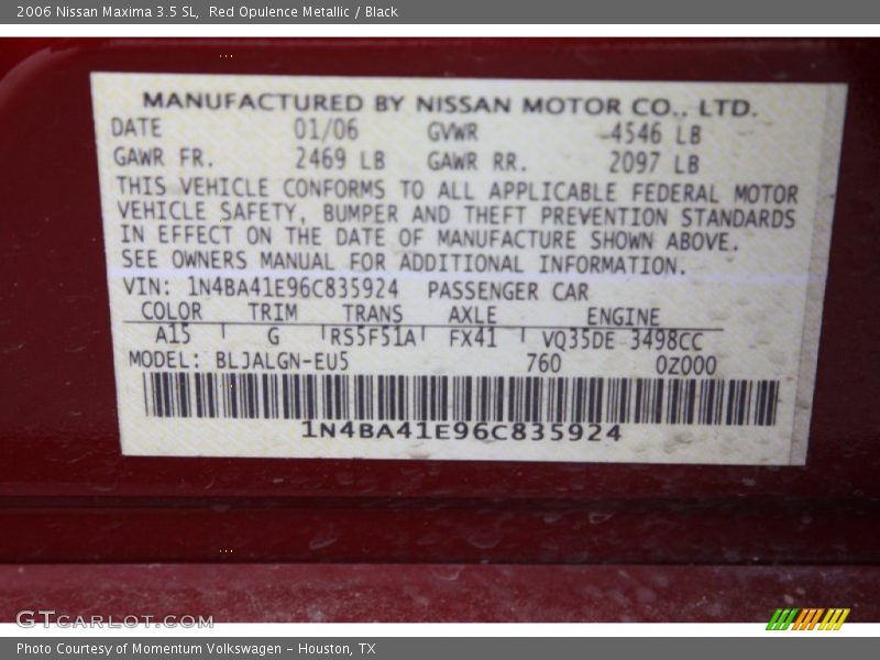 Red Opulence Metallic / Black 2006 Nissan Maxima 3.5 SL