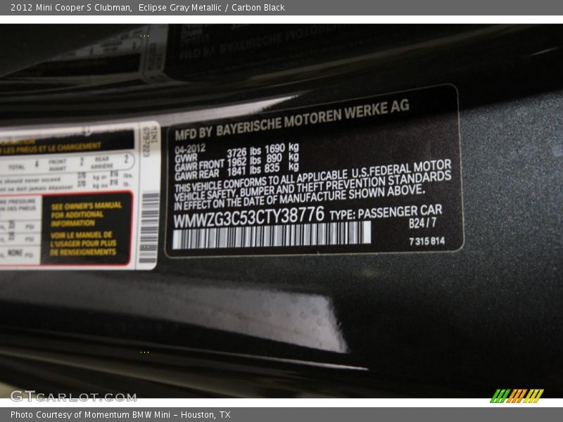 Eclipse Gray Metallic / Carbon Black 2012 Mini Cooper S Clubman