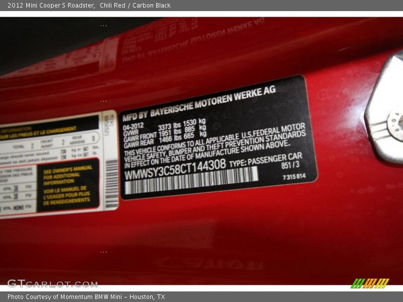 2012 Cooper S Roadster Chili Red Color Code 851