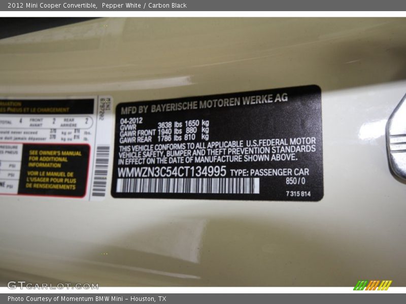 Pepper White / Carbon Black 2012 Mini Cooper Convertible