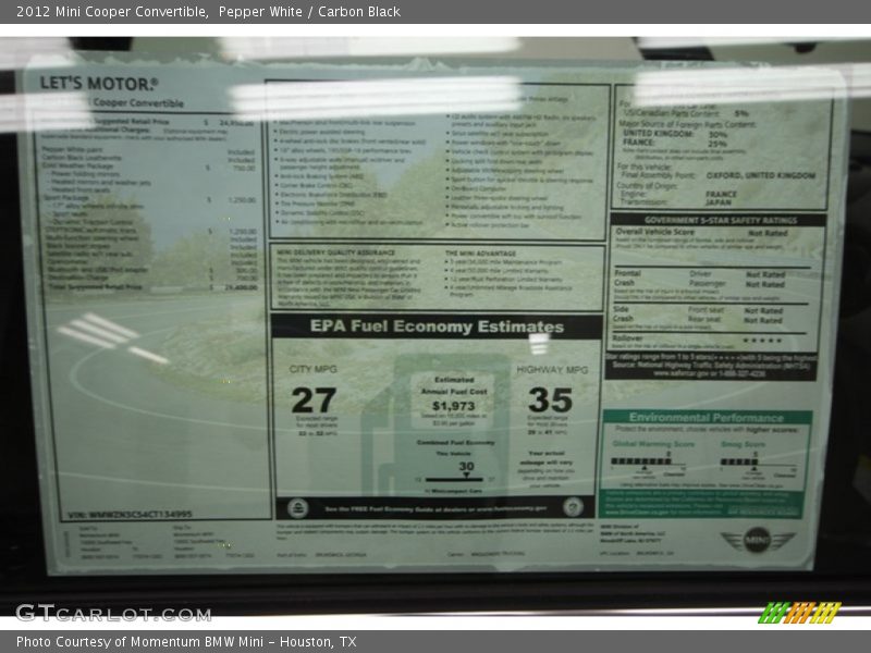  2012 Cooper Convertible Window Sticker