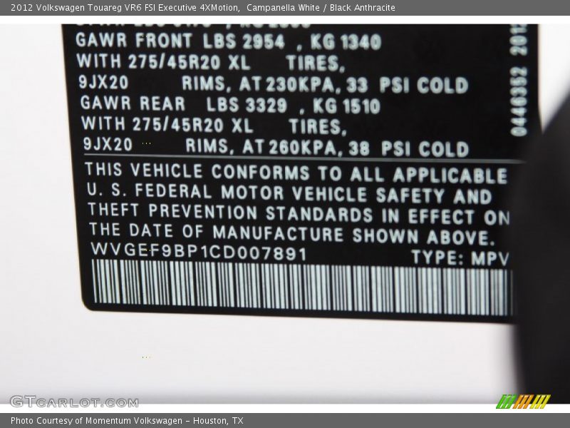 Campanella White / Black Anthracite 2012 Volkswagen Touareg VR6 FSI Executive 4XMotion