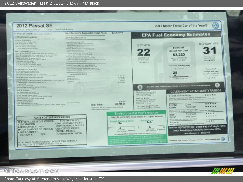 Black / Titan Black 2012 Volkswagen Passat 2.5L SE