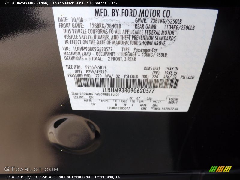 Tuxedo Black Metallic / Charcoal Black 2009 Lincoln MKS Sedan