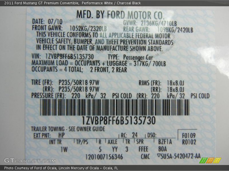 2011 Mustang GT Premium Convertible Performance White Color Code HP