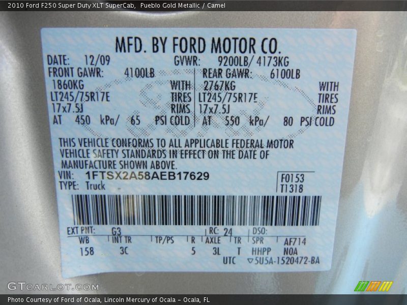 2010 F250 Super Duty XLT SuperCab Pueblo Gold Metallic Color Code G3