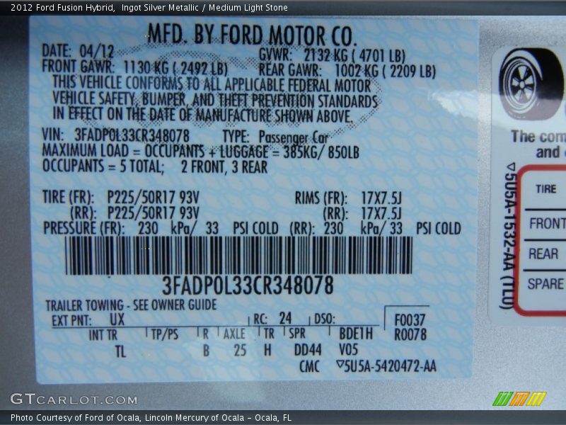 Ingot Silver Metallic / Medium Light Stone 2012 Ford Fusion Hybrid