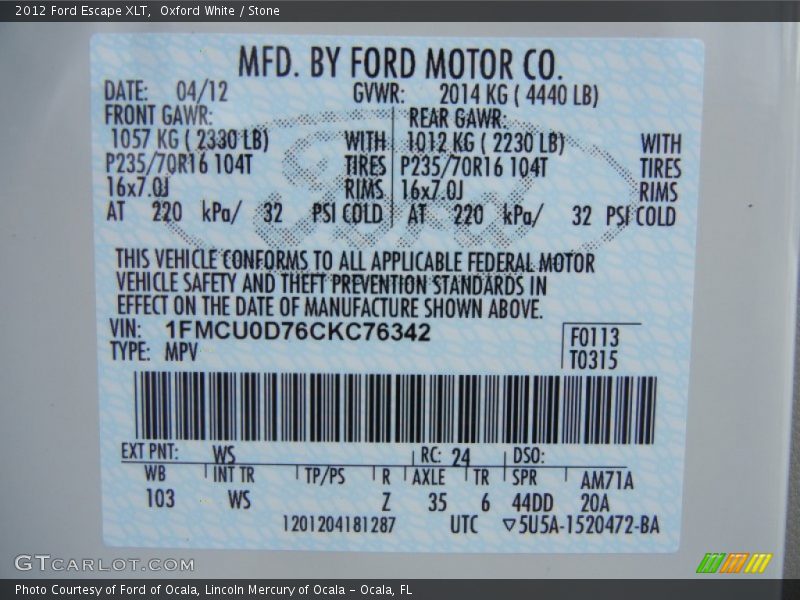 Oxford White / Stone 2012 Ford Escape XLT
