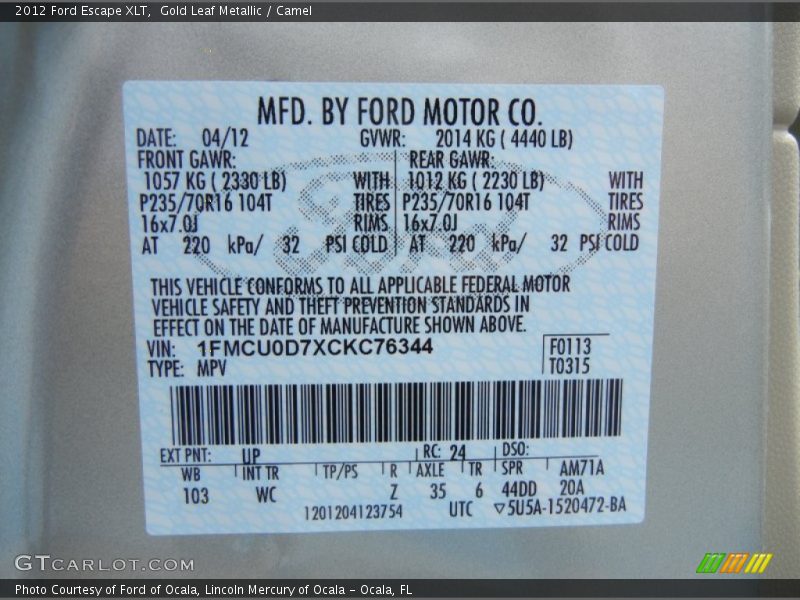 Gold Leaf Metallic / Camel 2012 Ford Escape XLT