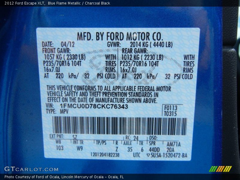 Blue Flame Metallic / Charcoal Black 2012 Ford Escape XLT