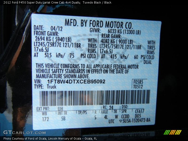 2012 F450 Super Duty Lariat Crew Cab 4x4 Dually Tuxedo Black Color Code UH