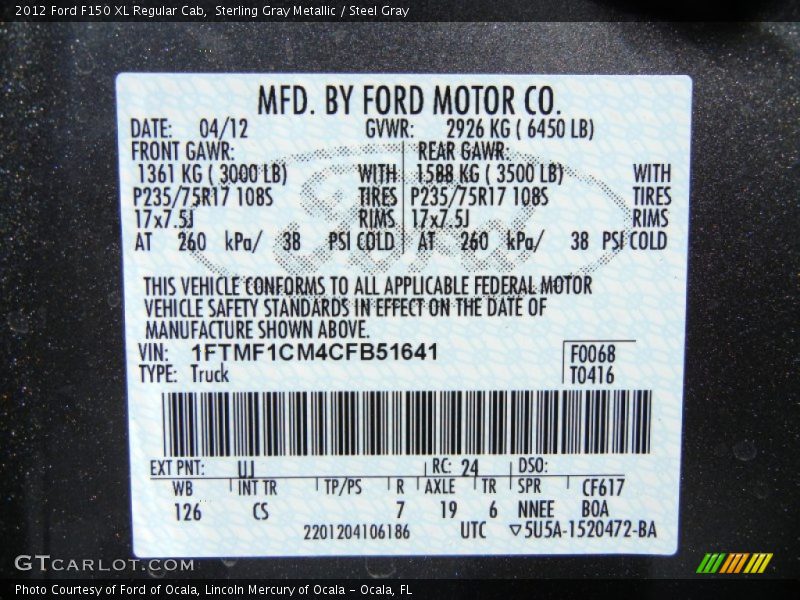Sterling Gray Metallic / Steel Gray 2012 Ford F150 XL Regular Cab