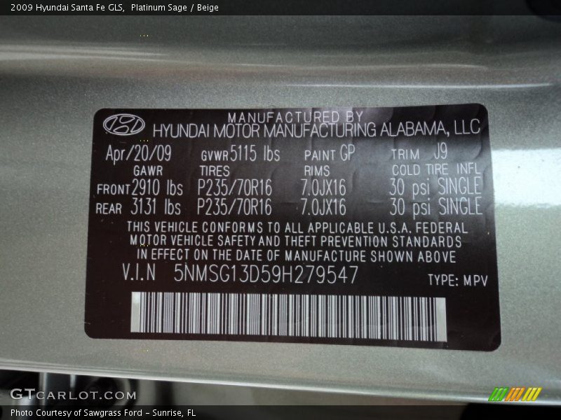 Platinum Sage / Beige 2009 Hyundai Santa Fe GLS