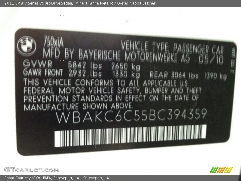 Mineral White Metallic / Oyster Nappa Leather 2011 BMW 7 Series 750i xDrive Sedan