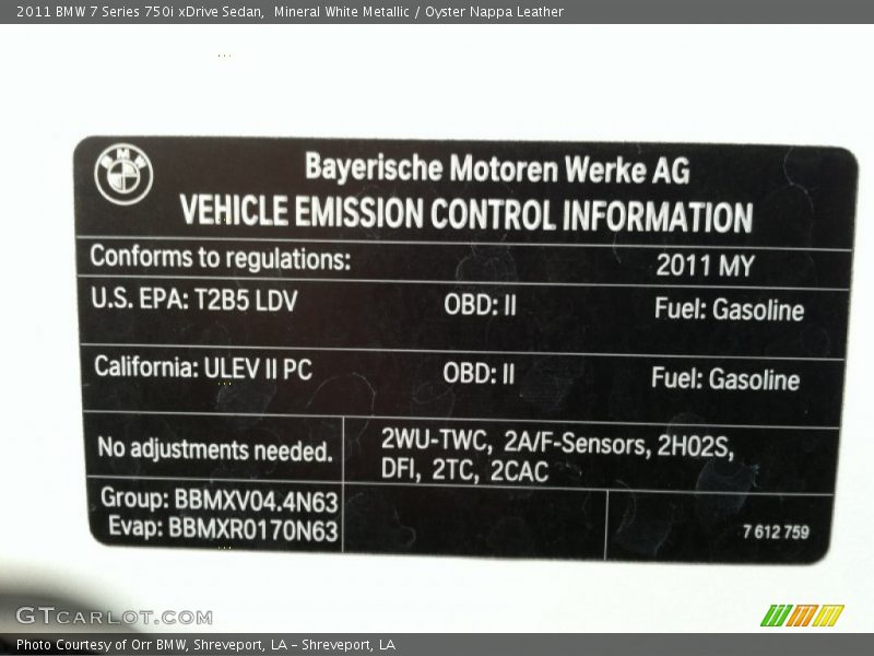 Info Tag of 2011 7 Series 750i xDrive Sedan