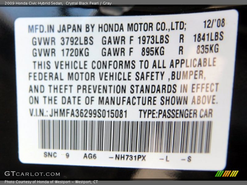 Crystal Black Pearl / Gray 2009 Honda Civic Hybrid Sedan