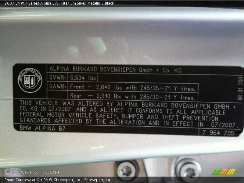 Info Tag of 2007 7 Series Alpina B7