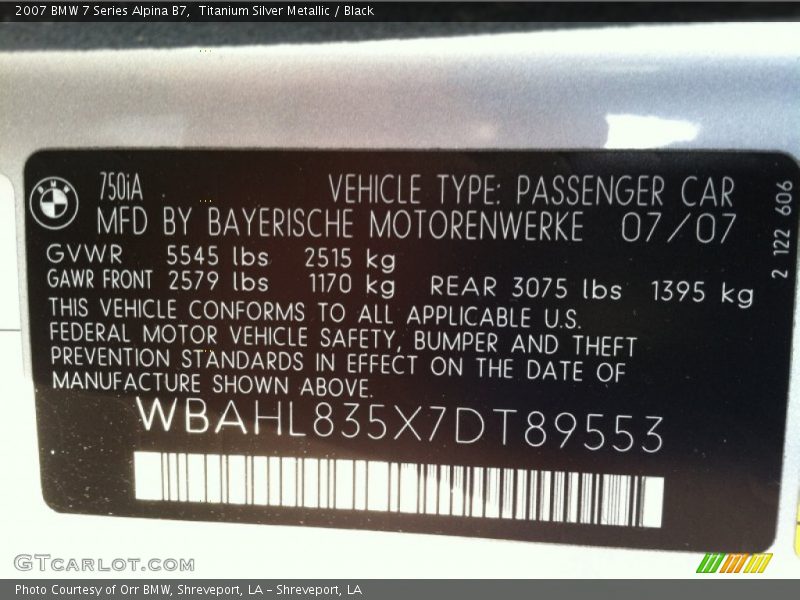 Info Tag of 2007 7 Series Alpina B7