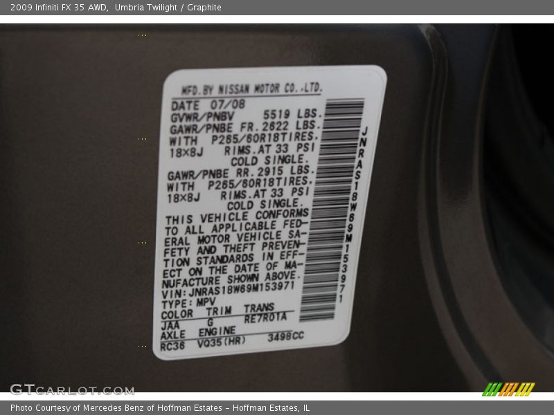 2009 FX 35 AWD Umbria Twilight Color Code JAA