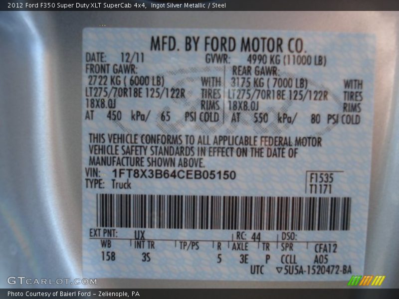 Ingot Silver Metallic / Steel 2012 Ford F350 Super Duty XLT SuperCab 4x4