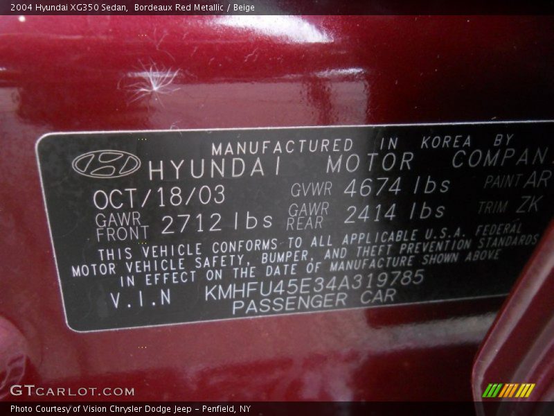 Bordeaux Red Metallic / Beige 2004 Hyundai XG350 Sedan