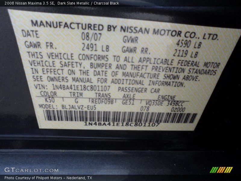 Dark Slate Metallic / Charcoal Black 2008 Nissan Maxima 3.5 SE