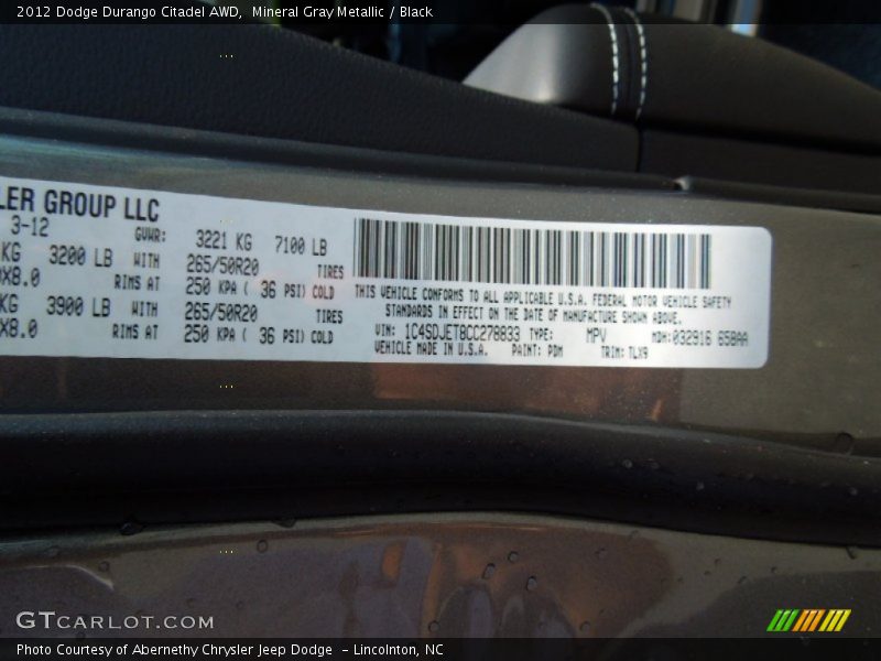 Mineral Gray Metallic / Black 2012 Dodge Durango Citadel AWD