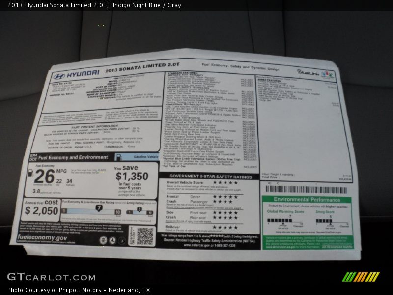 Indigo Night Blue / Gray 2013 Hyundai Sonata Limited 2.0T