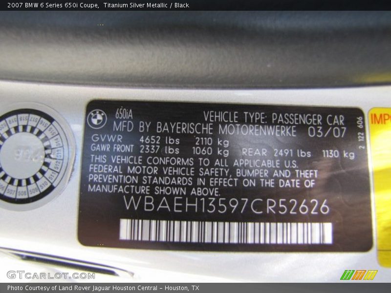 Titanium Silver Metallic / Black 2007 BMW 6 Series 650i Coupe