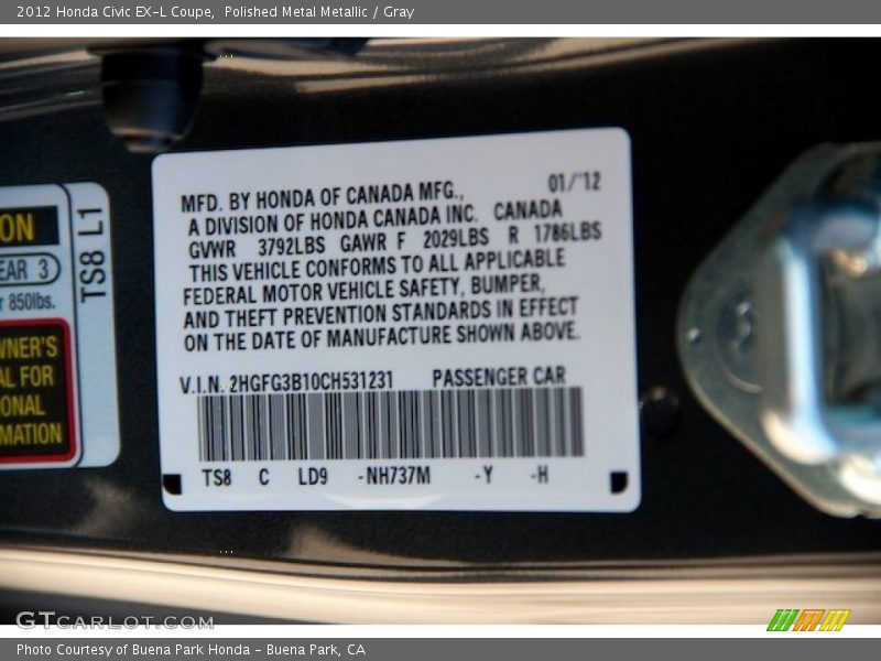 Polished Metal Metallic / Gray 2012 Honda Civic EX-L Coupe