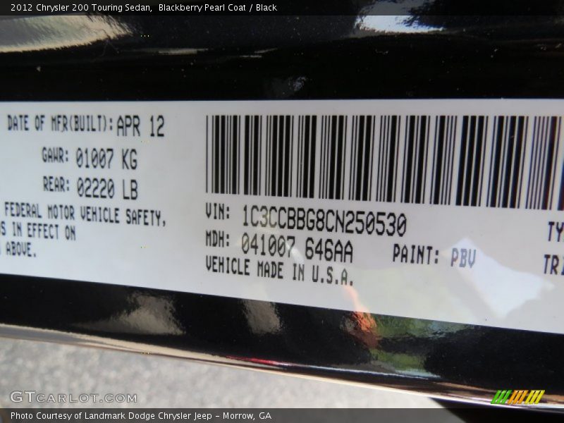 Blackberry Pearl Coat / Black 2012 Chrysler 200 Touring Sedan